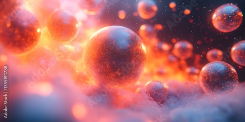 Spherical luminous orbs surrounded by clouds in a fiery glow
