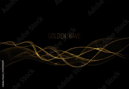 Isolated design element, wavy golden textured illustration on black background.