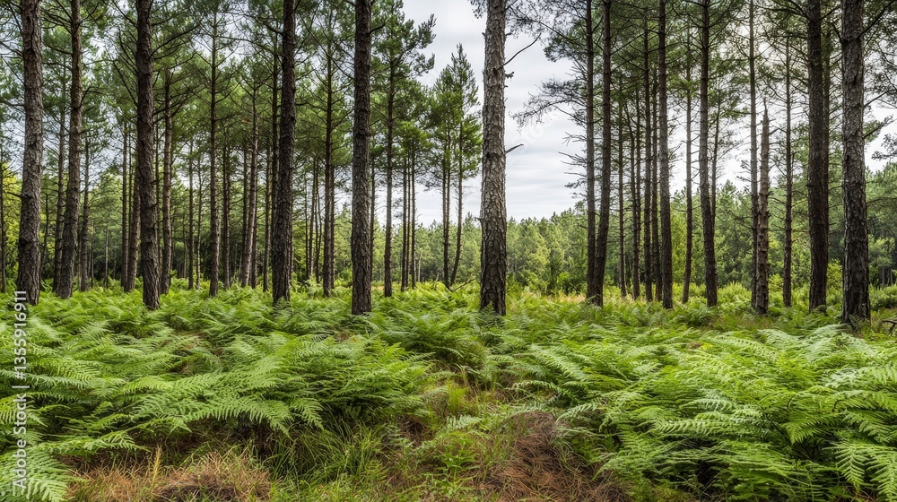 Obraz premium Serene Pine Forest with Lush Ferns Nature Photography