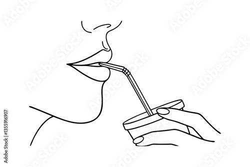 Person drinking beverage through reusable straw from cup