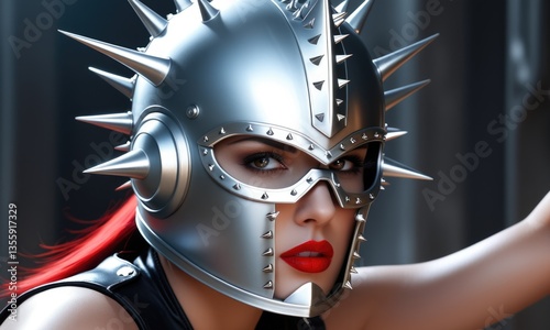 Futuristic spiked helmet with fierce style and bold red accent