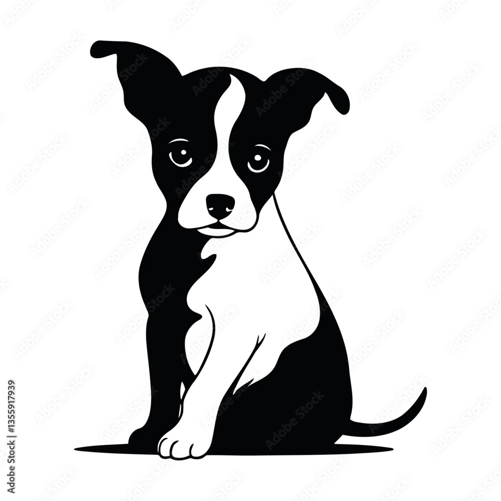 A simple black and white vector illustration of a baby dog looking down with a tearful expression on a white background A simple black and white vector illustration of a baby dog looking down with a tearful expression on a white background