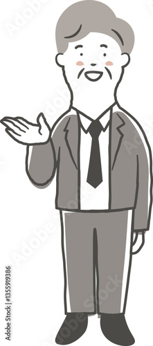 笑顔で案内をしているシニア男性会社員の鉛筆で描いた手書き風のシンプルな全身イラスト素材