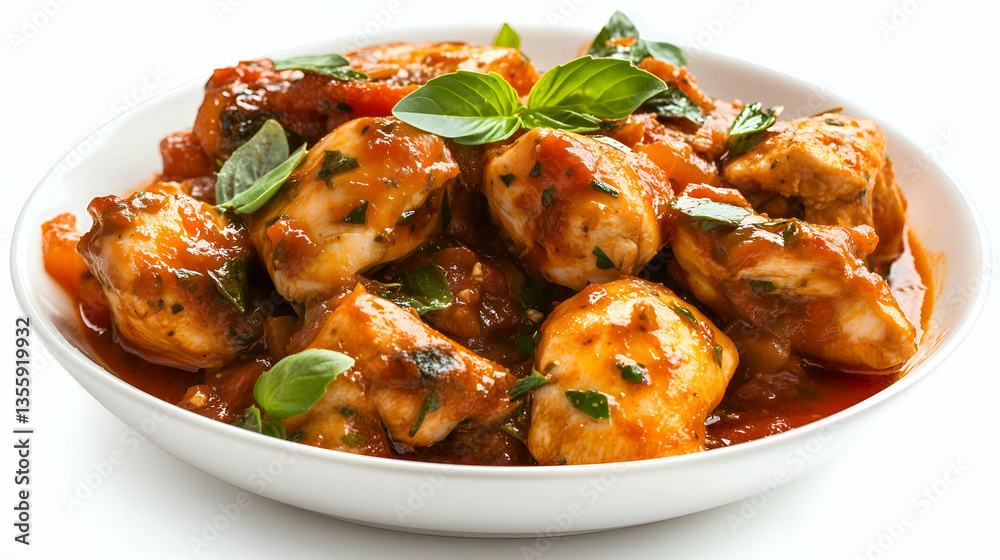 Tender chicken pieces cooked in rich tomato sauce with herbs, garnished with fresh basil leaves, served in a white bowl on white background. Tender chicken pieces cooked in rich tomato sauce with herbs, garnished with fresh basil leaves, served in a white bowl on white background.