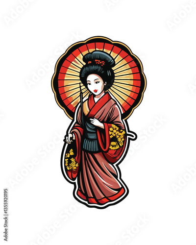 A serene geisha, elegantly poised, delicately holds a traditional Japanese shamisen, her kimono flowing gracefully.