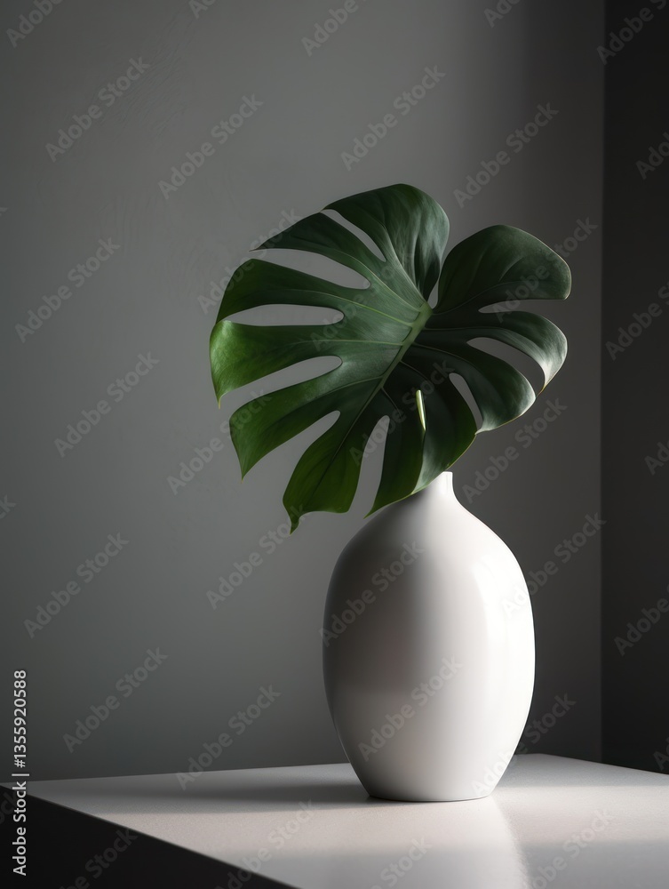 Elegant, single monstera leaf in simple white vase against a muted backdrop