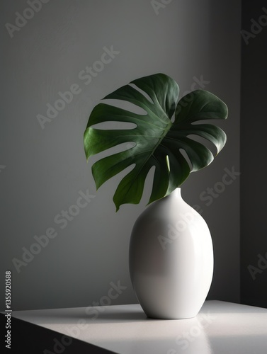 Obraz na płótnie Elegant, single monstera leaf in simple white vase against a muted backdrop w salonie