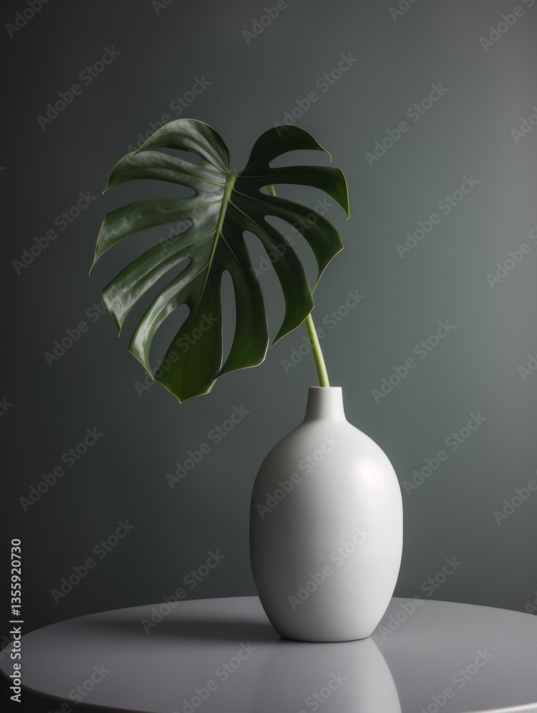 Elegant single Monstera leaf in a simple white vase