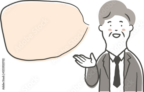 笑顔で案内をしているシニア男性会社員の上半身と吹き出しの鉛筆で描いた手書き風のシンプルなイラスト素材