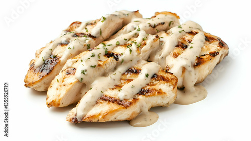 Grilled chicken breast slices topped with creamy white sauce and garnished with herbs. Juicy texture and golden grill marks make it a savory main dish.