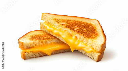Grilled cheese sandwich cut in half. Melted yellow cheese between two slices of golden toasted bread, served on a white background.