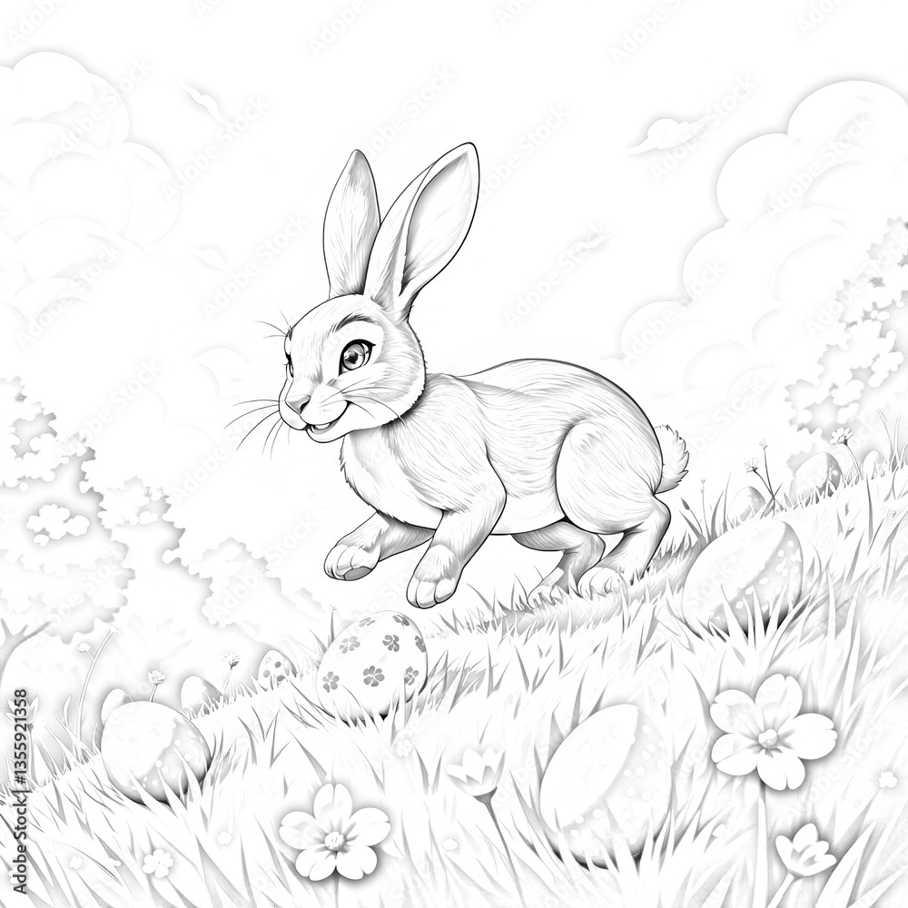 Obraz premium Happy Rabbit in Grassy Field with Flowers and Eggs Black and White Coloring Page