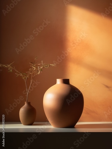 Terracotta vases, minimalist aesthetic, natural light, warm tones, dried plant