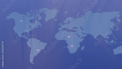Animation of world map with highlighted points, connecting lines on blue background