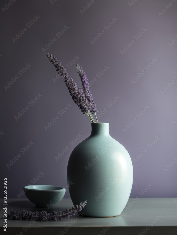 Light teal vase with lavender sprigs on a light gray surface