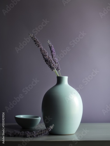 Obraz na płótnie Light teal vase with lavender sprigs on a light gray surface w salonie