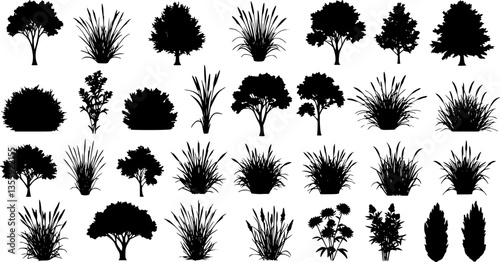 set of bush grass shrub herb silhouette vector transparent background 