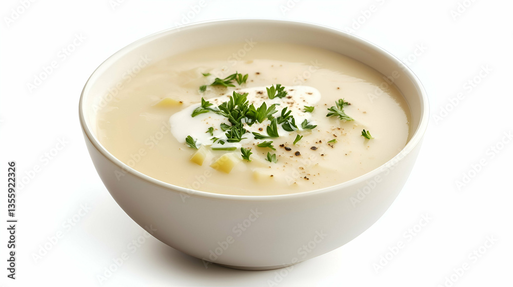 Creamy potato soup with chopped herbs and sour cream. Warm and smooth texture with chunks of soft potato, seasoned with black pepper and fresh green herbs. Creamy potato soup with chopped herbs and sour cream. Warm and smooth texture with chunks of soft potato, seasoned with black pepper and fresh green herbs.