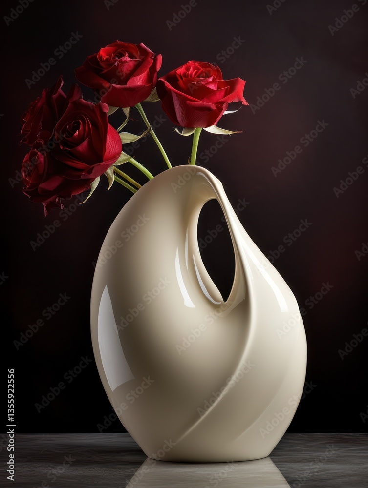 Elegant cream-colored vase with vibrant red roses