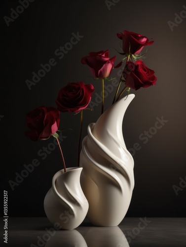 Obraz na płótnie Elegant arrangement of deep red roses in a pair of stylized white vases w salonie