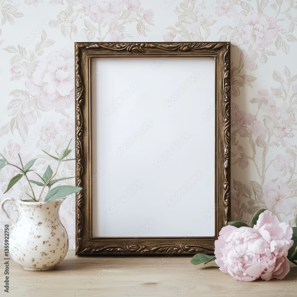 Empty picture frame on a wooden table with floral wallpaper