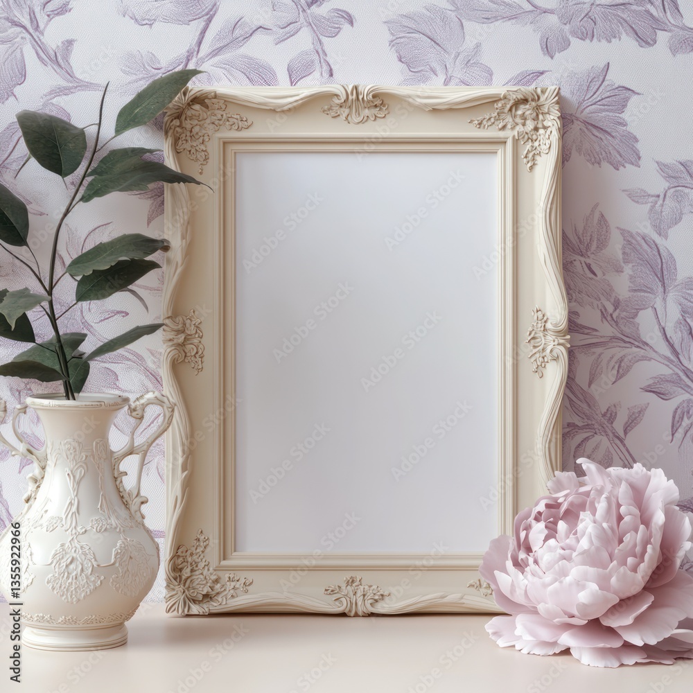 Elegant cream frame, floral accents, neutral backdrop