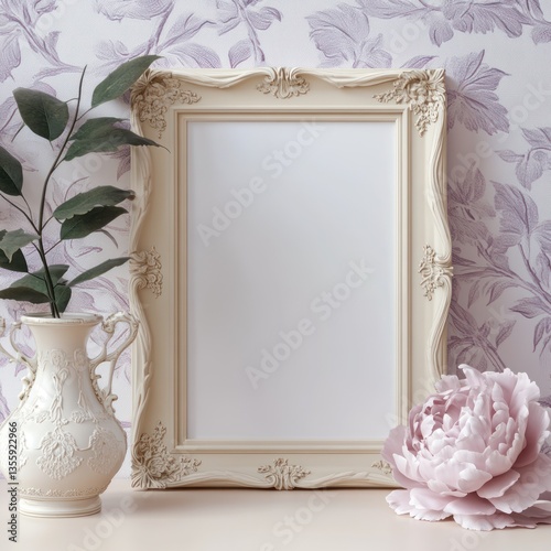 Obraz na płótnie Elegant cream frame, floral accents, neutral backdrop w salonie