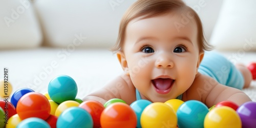 Joyful baby playing with colorful balls indoors on a cozy afternoon