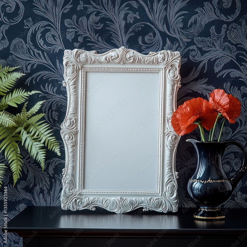 Elegant white picture frame, dark background, floral arrangement