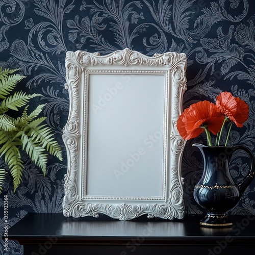Obraz na płótnie Elegant white picture frame, dark background, floral arrangement w salonie