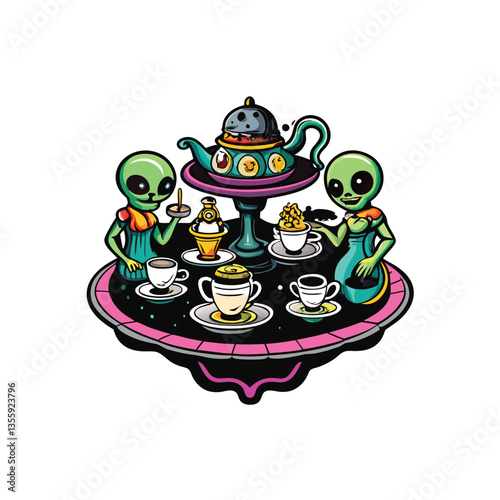 Three elegant aliens enjoy a sophisticated tea party amidst floating objects, showcasing intricate table settings and whimsical attire.