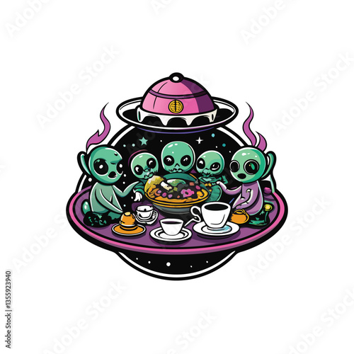 Two elegant aliens host a sophisticated tea party amongst floating islands, showcasing intricate teacups and pastries.