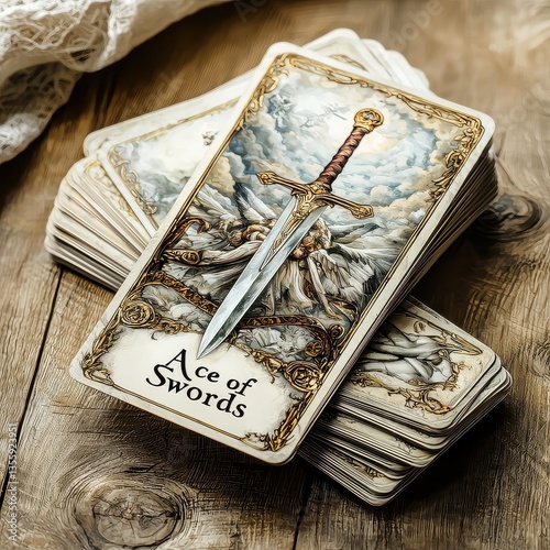 A meticulously detailed Ace of Swords tarot card rests atop a deck, showcasing a stunning oil painting style with angelic imagery and a 3000-pixel resolution for vibrant clarity