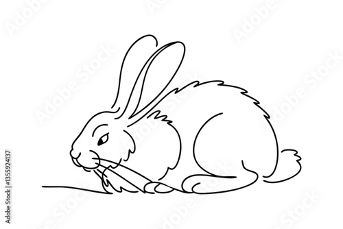 Adorable Line Art Drawing of a Fluffy Rabbit Eating