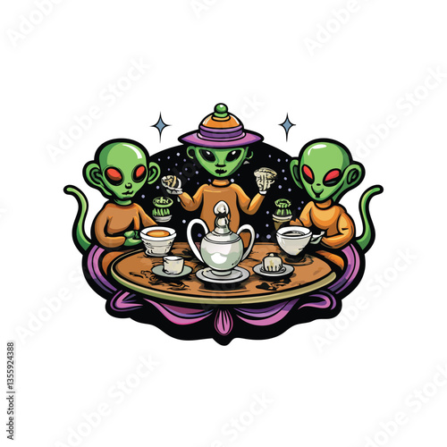 Elegant extraterrestrial beings enjoy a sophisticated tea party aboard a floating island, featuring intricate china and delicate pastries.
