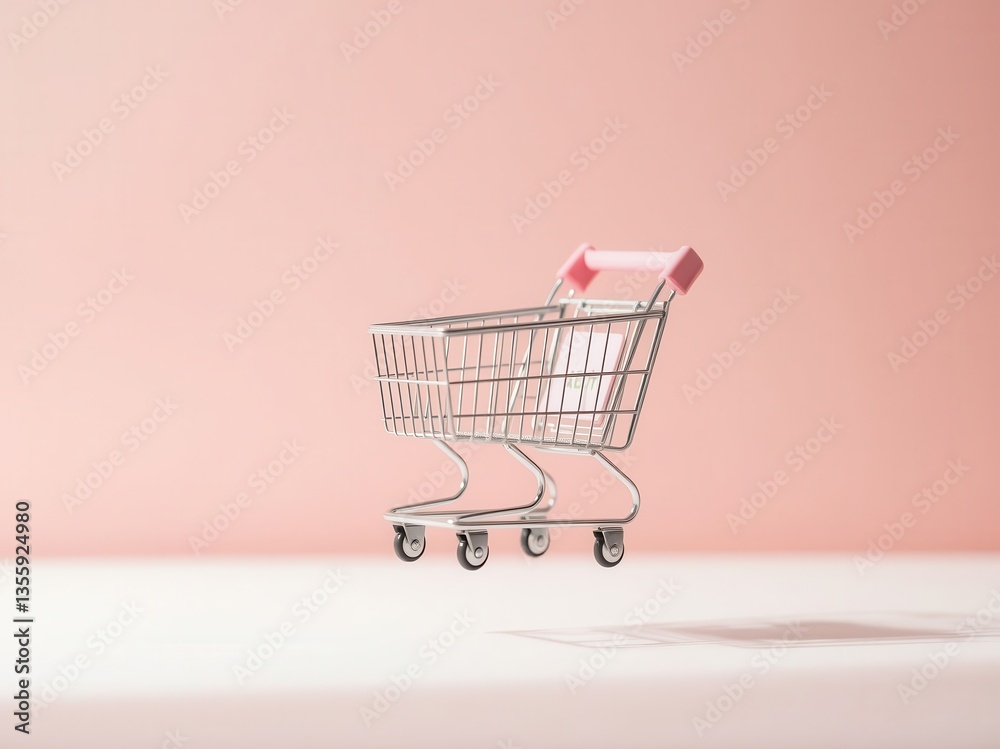 Miniature Shopping Cart on Pink Background Miniature Shopping Cart on Pink Background