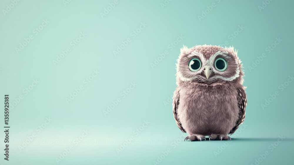 Fototapeta premium Cute Small Owl with Big Eyes on Soft Mint Green Background