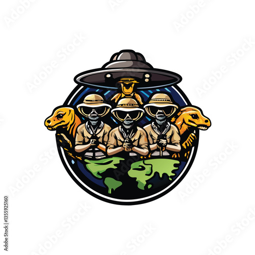 Awe-struck alien observers meticulously study Earth's diverse fauna; a whimsical, detailed illustration showcasing their wonder at a vibrant ecosystem.