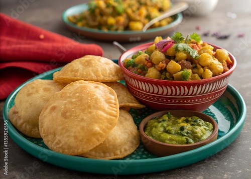 Delicious Mumbai Style Puri Sabzi. Tasty Indian Street Food.