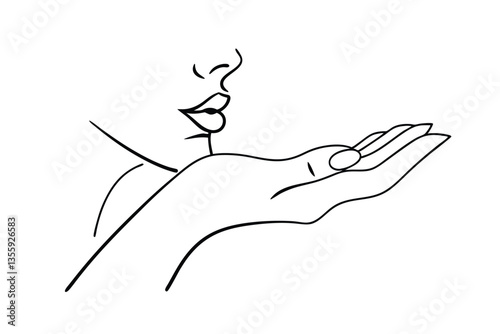 Womans face, hand, kiss, blowing, line art, elegant, simple, minimal, gesture, romance