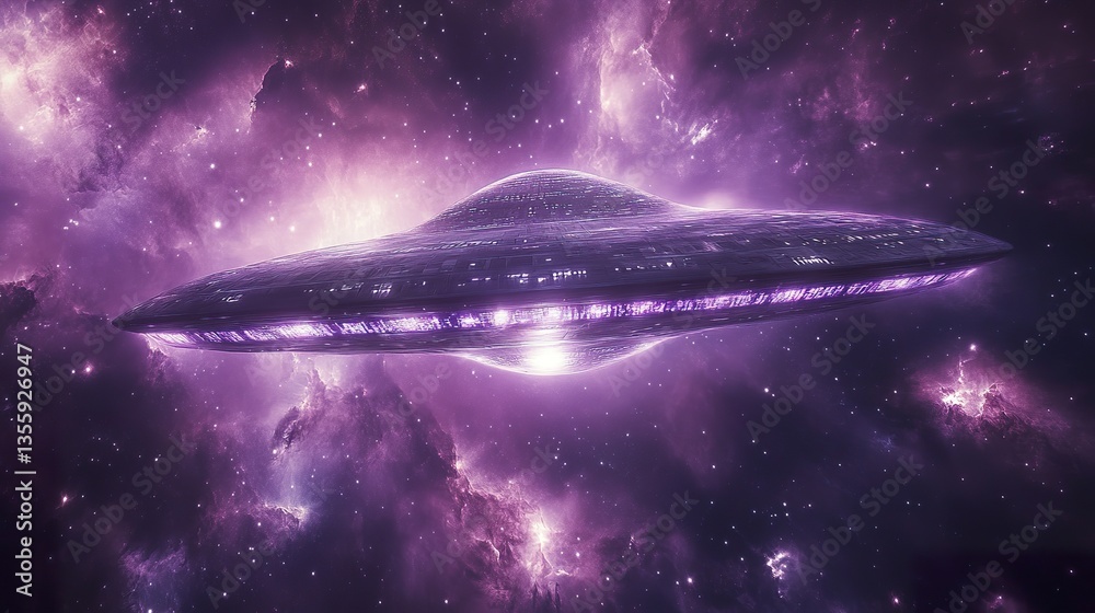 Obraz premium A futuristic spaceship navigates the beautiful purple nebulae background