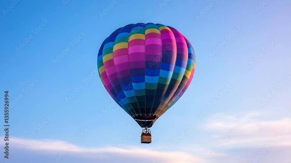 Fototapeta premium Colorful hot air balloon floats against a clear blue sky with a few clouds.