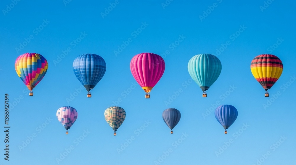 Obraz premium Colorful hot air balloons ascending against a clear blue sky.