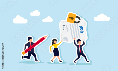 Businessman carries a pencil chasing a businessman and businesswoman run together lifting a locked NDA document, illustration of maintain the confidentiality of a company document