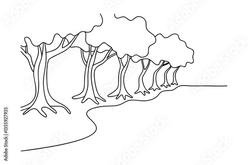 Simple Line Drawing of Trees, Pathway, and Nature Scene