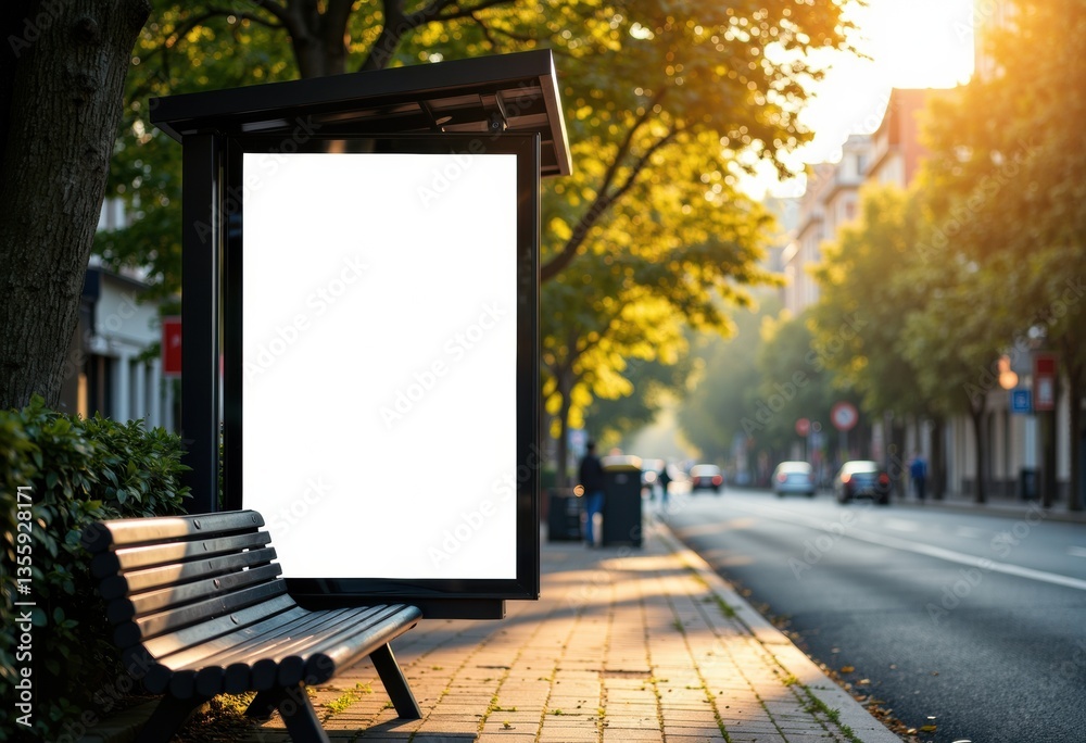 Naklejka premium Empty bus stop shelter with copyspace for advertising in a sunny urban setting