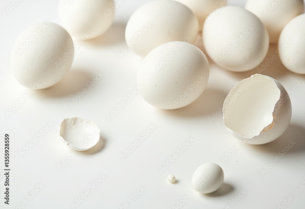 Fresh white eggs scattered on a clean surface with broken shells Fresh white eggs scattered on a clean surface with broken shells