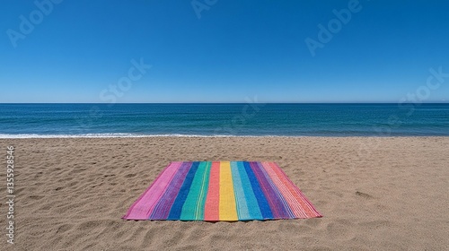 Colorful striped beach towel on sandy beach, clear blue ocean background.