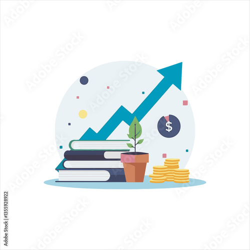 Financial Growth and Investment Education Concept,Business Success and Wealth Management Illustration,Money Investment with Books and Rising Graph,Financial Planning and Market Analysis Vector