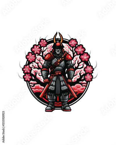 A majestic samurai, in full armor, stands serenely beneath a vibrant, full-blooming sakura tree, petals gently falling around him.